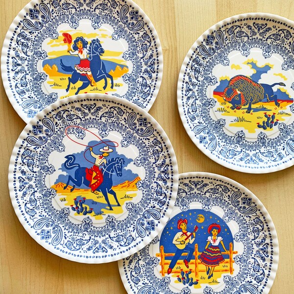 Western Plates, 7.5", Set of 4, Melamine Plates, Cowboy, Cowgirl, Serenade and Buffalo