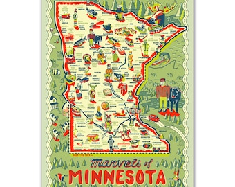 Minnesota Postcard, 6" x 4.25", Marvels of Minnesota Postcard, Minnesota Map Post Card