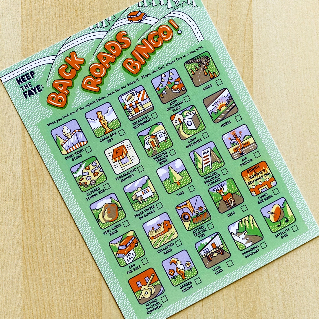 Back Roads Bingo Postcard, Travel Bingo Postcard, Green Back Roads