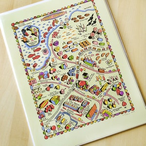May include: A whimsical illustrated map of Candy County, a fictional land made entirely of candy. The map features various candy-themed locations, such as the "Easter Egg Island", "Gummy Works", and "Sugar Babies Hospital". The map is drawn in a colorful cartoon style with a light green background.
