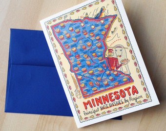 Minnesota 5x7 Card - Hot Dish, Minnesota: Principal Hot-dish by Region Blank Card, MN Map Card, 5" x 7" with envelope