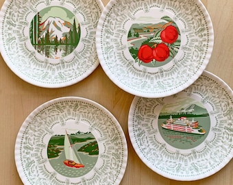 Washington Plates, 7.5&quot; Diameter, Set of 4, Mount Rainier, Ferry, Sail Boat, Apple Orchard