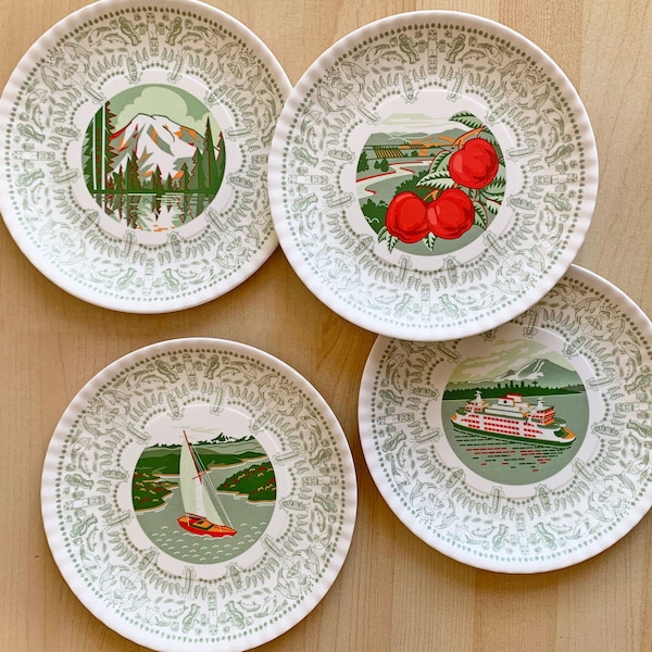 Washington Plates, 7.5" Diameter, Set of 4, Mount Rainier, Ferry, Sail Boat, Apple Orchard