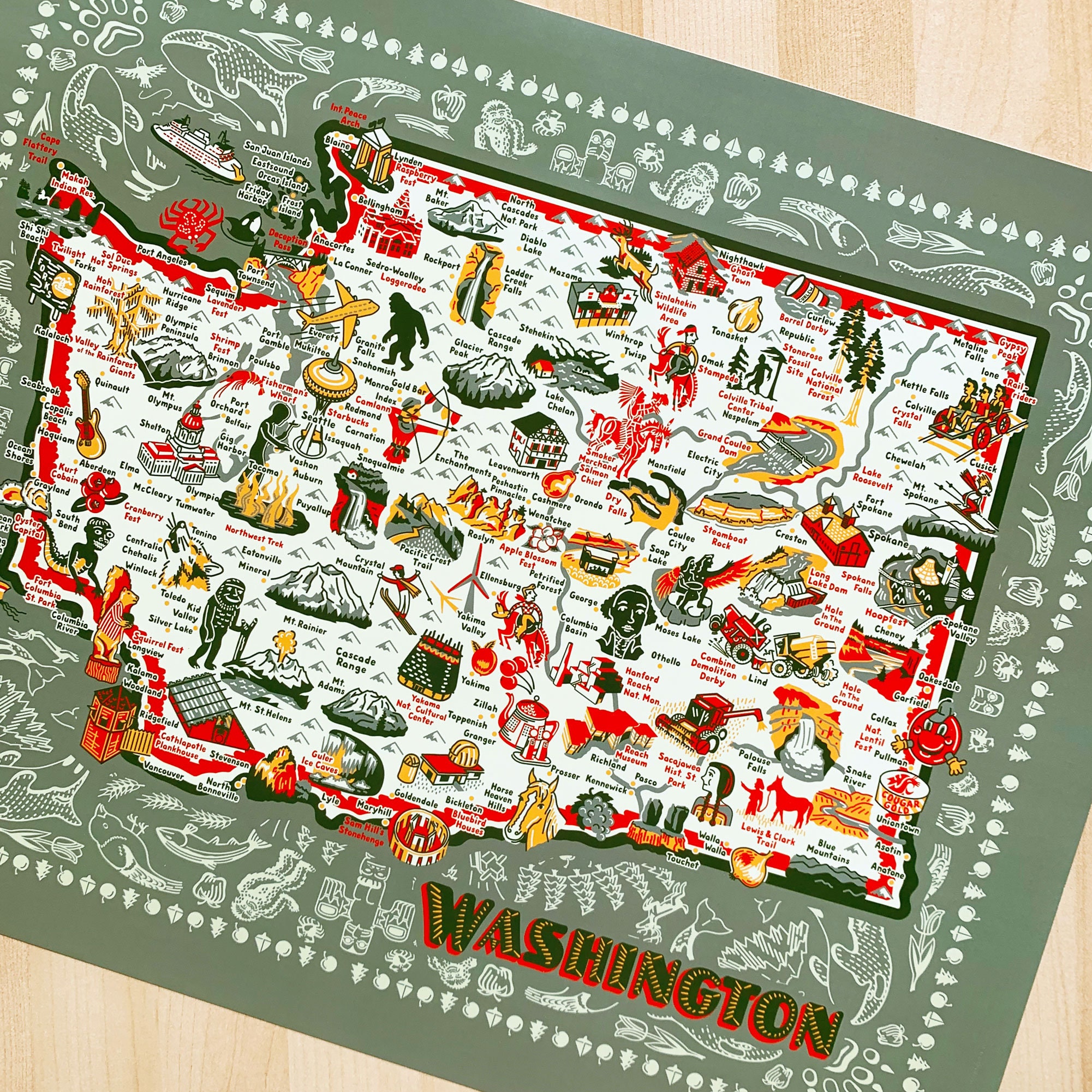 Washington State Map Art Print, Illustrated Landmarks, 16x20" - Etsy