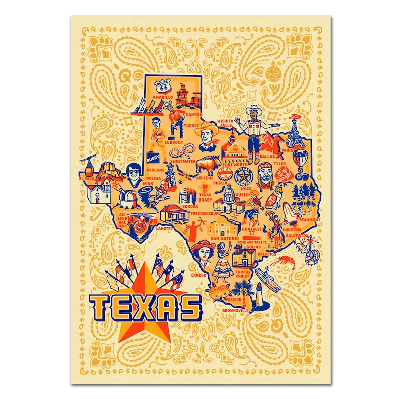 Texas Postcard, 6 x 4.25, Texas Icons Postcard, Vintage-style Texas Map Postcard image 1
