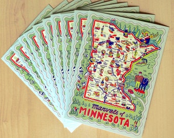 MN Marvels Postcard Set of 10, Marvels of Minnesota Postcard 10 pack, MN Map Postcards