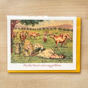 Carte d'anniversaire Milk Maid, A2, 4,25 x 5,5 pouces, carte d'anniversaire alcool et lait avec enveloppe jaune