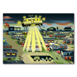 May include: A cartoon illustration of a flying saucer hovering over a suburban neighborhood of mobile homes. The saucer is yellow and has three windows. The mobile homes are various colors and have antennas on top. The sky is dark blue with a few stars.