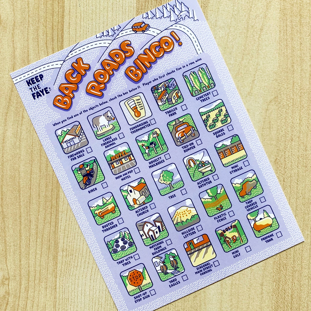 Back Roads Bingo Postcard, Travel Bingo Postcard, Blue Back Roads Bingo