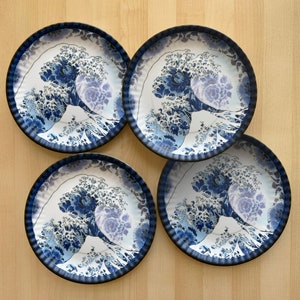 Great Wave Plates, 9" Melamine Platen, Set van 4, The Great Wave / Blauwe Delftse platen