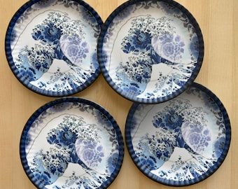 Great Wave Plates, 9" Melamine Plates, Set of 4, The Great Wave / Blue Delft-style Plates