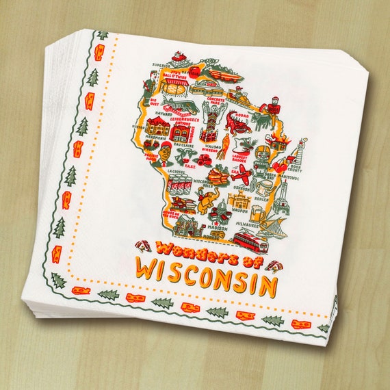 Wisc Paper Napkin Set 20 Napkins Per Set Wisconsin Map Etsy