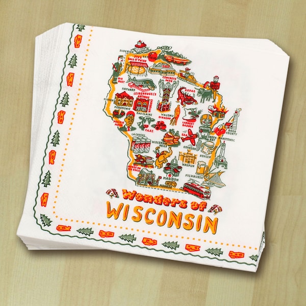 Wisc. Paper Napkin Set, 20 Napkins per Set, Wisconsin Map Napkin Set, Wisconsin Map Serviette