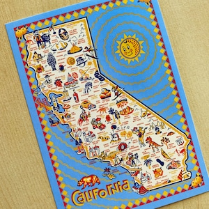 California Map Postcard, Illustrated Landmarks, 6x4.25&quot;