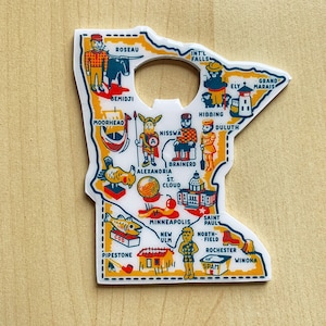Minnesota Bottle Opener, MN Enameled Metal Bottle Opener, Packaged, 3.75&quot; by 3.875&quot;, Minnesota Map Opener