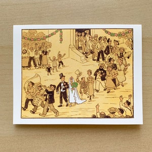 May include: A vintage illustration of a wedding ceremony with a bride and groom in the center, surrounded by guests. The bride is wearing a white dress and a veil, and the groom is wearing a black suit and a top hat. The guests are dressed in various styles of clothing, and some are holding flowers or gifts. The illustration is set in front of a building with a door and windows.