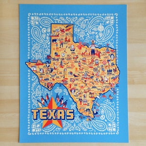 Impresión de Texas, 16" x 20", Impresión de mapa de Texas, Mapa pictórico de Texas