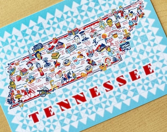 Tennessee Map Postcard, Iconic Landmarks, 4.25x6"