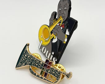 Louis Armstrong Art Nouveau Trumpet Enamel Pin Duo – Jazz Music Gift