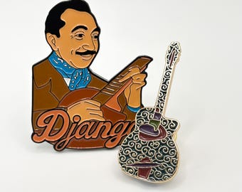 Django Reinhardt Maccaferri Guitar Enamel Pin Duo – Gypsy Jazz Manouche Gift