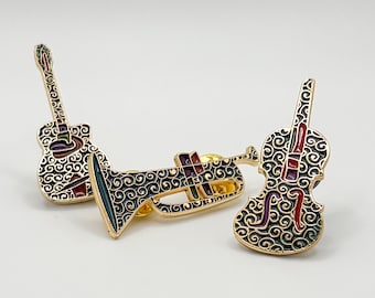 Art Nouveau Jazz Trio Enamel Pin Set – Guitar Trumpet Violin Musician Gift
