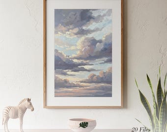 Décoration murale Ciel mélancolique | Reproduction d'une peinture à l'huile de nuages ​​au coucher du soleil | Affiche Paysage nuageux gris pêche | Inspiration du soir | Décoration spectaculaire pour le salon