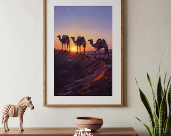 Arabian Sunset Camel Print: Desert Landscape Wall Art (Digital Download)