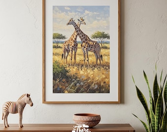 キリンのウォールアート（印刷可能）、アフリカの野生動物の油絵