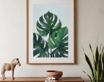 Cuadro de hoja de monstera / Lámina botánica azul pálido / Póster de hoja tropical verde oscuro / Estudio de grupo de hojas / Decoración de dormitorio costera