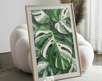 Lámina decorativa de hojas de Monstera variegadas – Pintura botánica tropical, decoración con plantas de la jungla verde, obra de arte moderna de la naturaleza para el hogar o la oficina