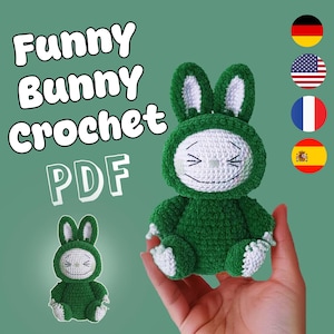 Funny Bunny Crochet Pattern - Cute and Easy Bunny Amigurumi PDF (Multilingual), whimsical Monster Plush, Labubu Bunny Crochet