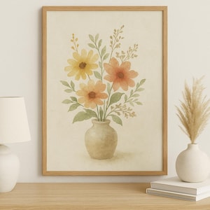 Vintage Wildflower Vase Printable Wall Art – Watercolor Floral Bouquet in Earthy Tones
