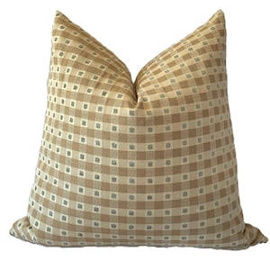 Woven Gingham Plaid Pillow Cover: Camel, Tan, Dusty Spa Blue Chenille Accents