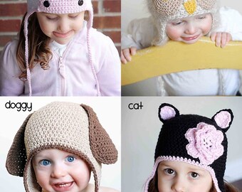 Animal Hat Crochet Patterns Collection 2 *Instant Download*(Cat, Doggy, Owl and Cow), (Permission to sell all finished products)