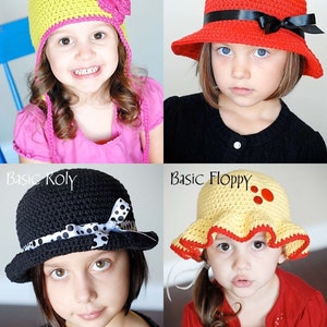 May include: Four different crochet hats for children. The hats are a yellow beanie with a pink flower, a red bucket hat with a black ribbon, a black bowler hat with a white polka dot ribbon, and a yellow floppy hat with red polka dots.