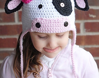 MOO Cow Earflap Hat Crochet Pattern *Instant Download* (Permission to sell all finished products)