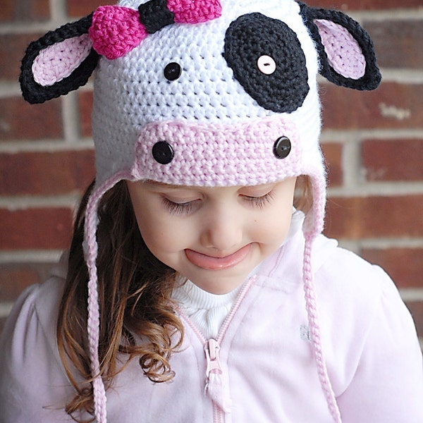 MOO Cow Earflap Hat Crochet Pattern * Téléchargement instantané * (Autorisation de vendre tous les produits finis)