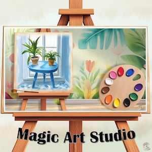 May include: A watercolour illustration of an art studio. A wooden easel displays a painting of a blue table with plants. A wooden palette with paints is next to the painting. The text "Magic Art Studio" is at the bottom.