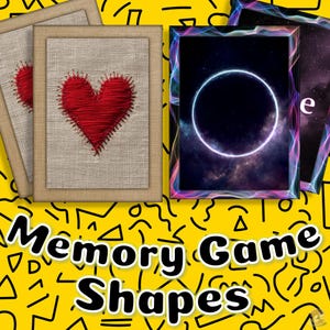 May include: Memory game cards with a red stitched heart and a neon circle design. The cards have a tan border and are set against a yellow background with black shapes. The text "Memory Game Shapes" is displayed.