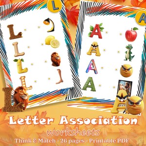 Hojas de trabajo de asociación de letras y objetos • Actividad de correspondencia del alfabeto • Vocabulario y habilidades de pensamiento • 26 páginas imprimibles para preescolar e inglés como segundo idioma