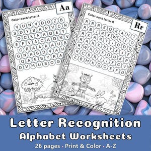 Hojas de trabajo del alfabeto A-Z • Reconocimiento de letras y coloración • 26 imprimibles • Perfecto para preescolar, jardín de infantes, ESL