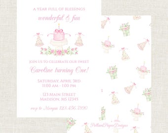Girls Classic First Birthday Invitation, A Year Full of Blessings, One Little Candle, Digital, Floral, Watercolor, Preppy
