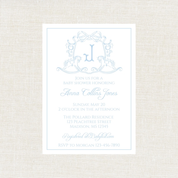 Classic Baby Boy Shower Invitation, Rocking Horse, Monogram, Grandmillenial, Preppy, Digital