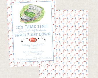 First Year Down Football Birthday, Football Birthday Invitation, Watercolor Football Birthday, Preppy Football Invitation, First Down Party