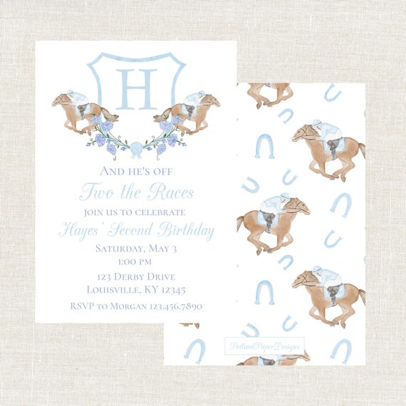 Watercolor Race Horse Boys Birthday Invitation, Derby Birthday Party, Off Two the Races, (Digital Download)