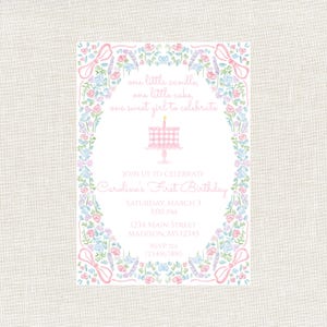 One Little Candle One Little Cake Birthday, Girls First Birthday Invitation, Girls First Birthday Invitation Digital, Floral, Watercolor