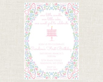 Una pequeña vela, un pequeño pastel de cumpleaños, invitación de primer cumpleaños para niña, invitación digital de primer cumpleaños para niña, floral, acuarela.