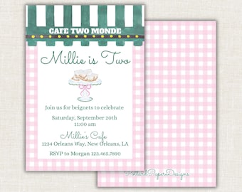 Cafe Two Monde Watercolor Birthday Invitation, Cafe 2 Monde Girl, Digital, Beignet, Printable