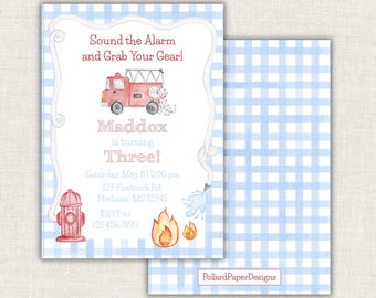 Watercolor Firetruck Birthday Invitation, Fireman, Digital, Printable Firetruck Dalmatian, Firefighter, Fire station