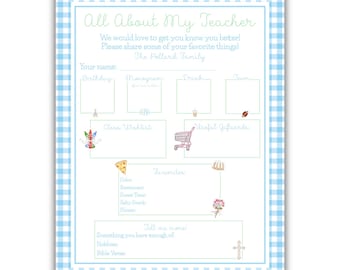 All About My Teacher Questionaire Printable, Back to School, Teacher Survey, Teacher's Favorites, Digital